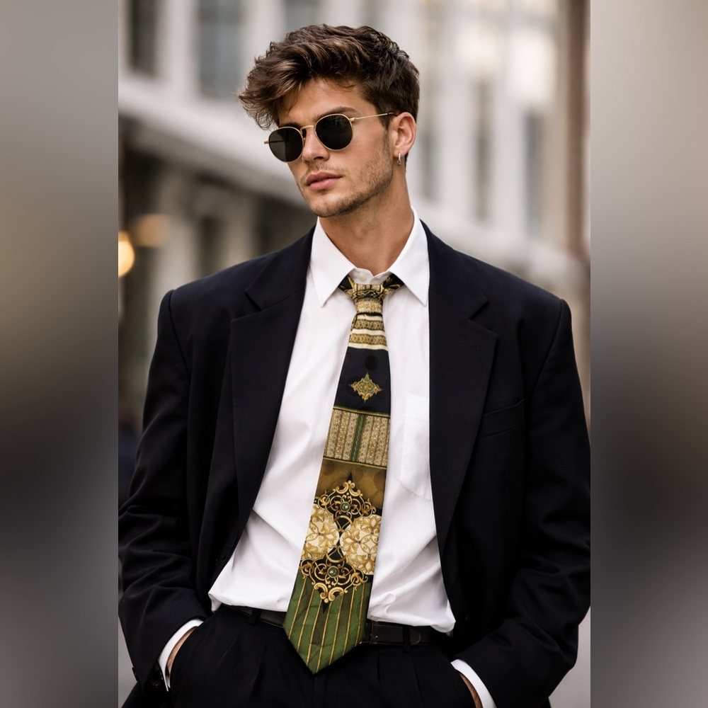 Avanzini 100% Silk Tie Handmade Italy Baroque Gold Green Luxury Designer